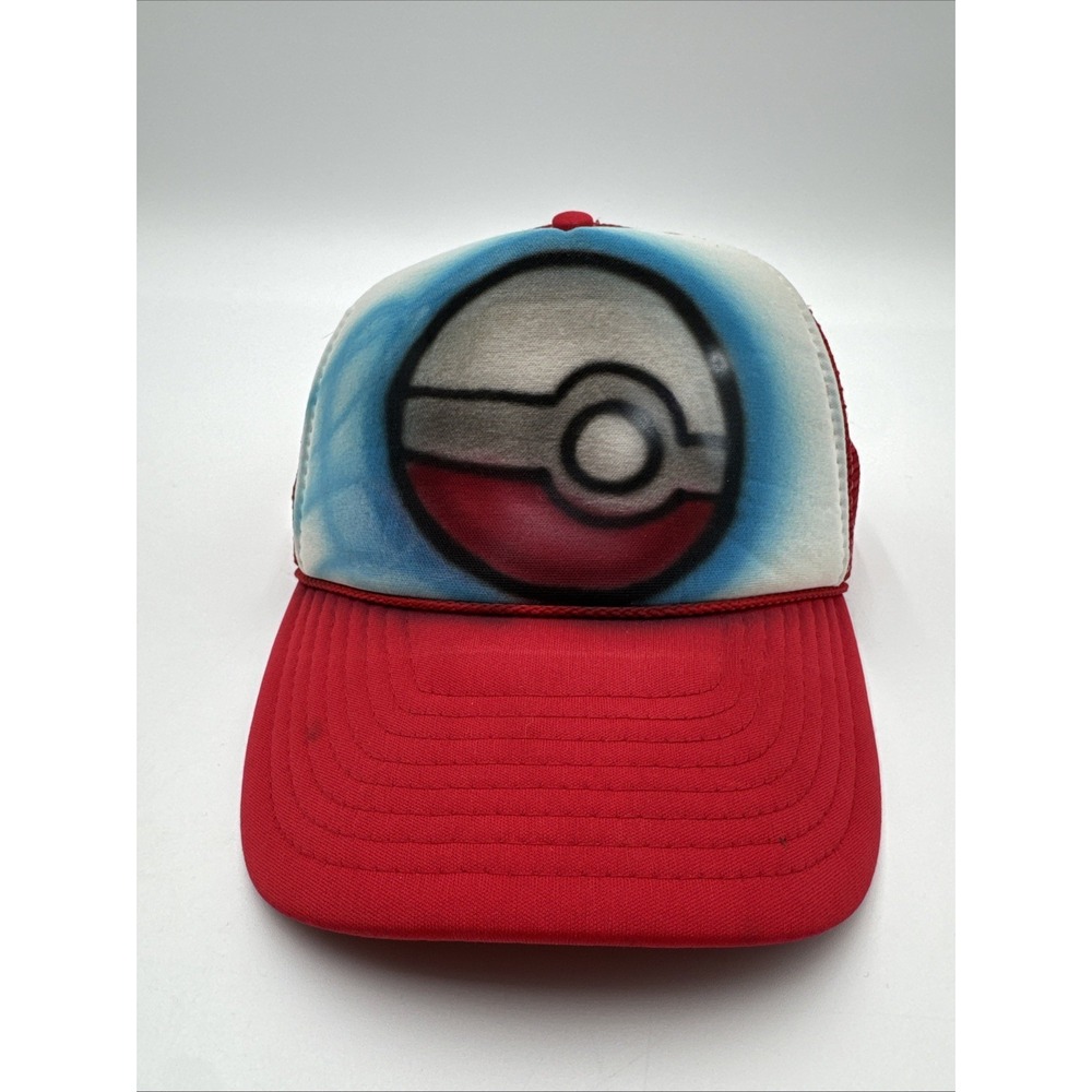 Vintage Majestic Pokemon Pokeball airbrushed foam mesh trucker snapback hat Y2K